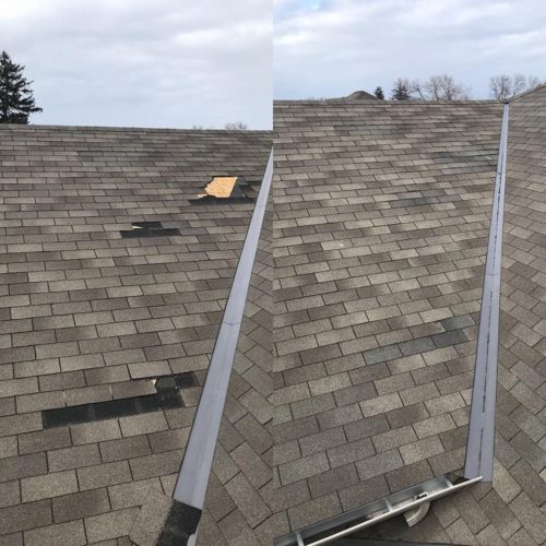 before/after patch of shingles repair