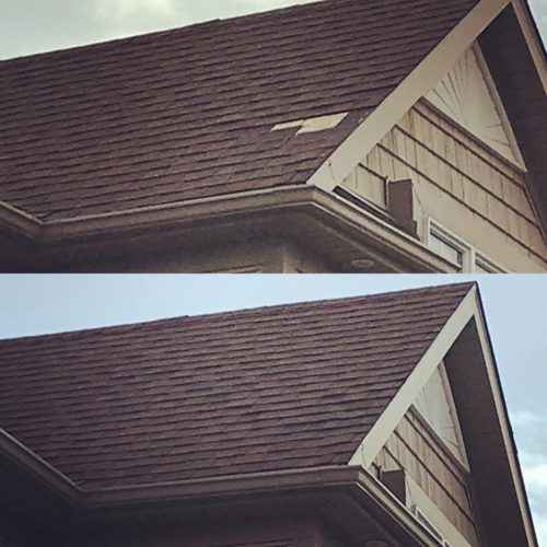 before/after patch of shingles repair